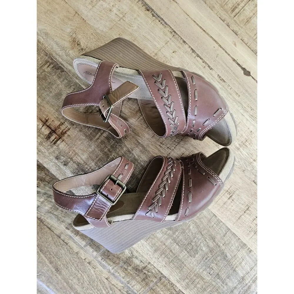 Eddie Bauer Sandals Women's Wedge Leather‎ 9 Stitched Bohemian Beach Vacation